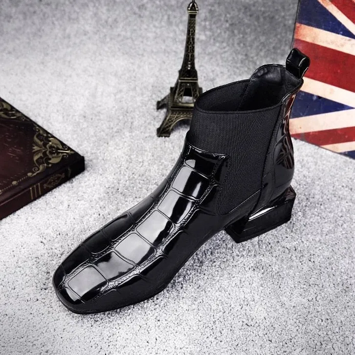 2018 Chic Women Boots Shiny PU Leather Autumn Winter Shoes Woman Spuare Toe Block Heels Peluche Ankle Boots Female Botas Mujer