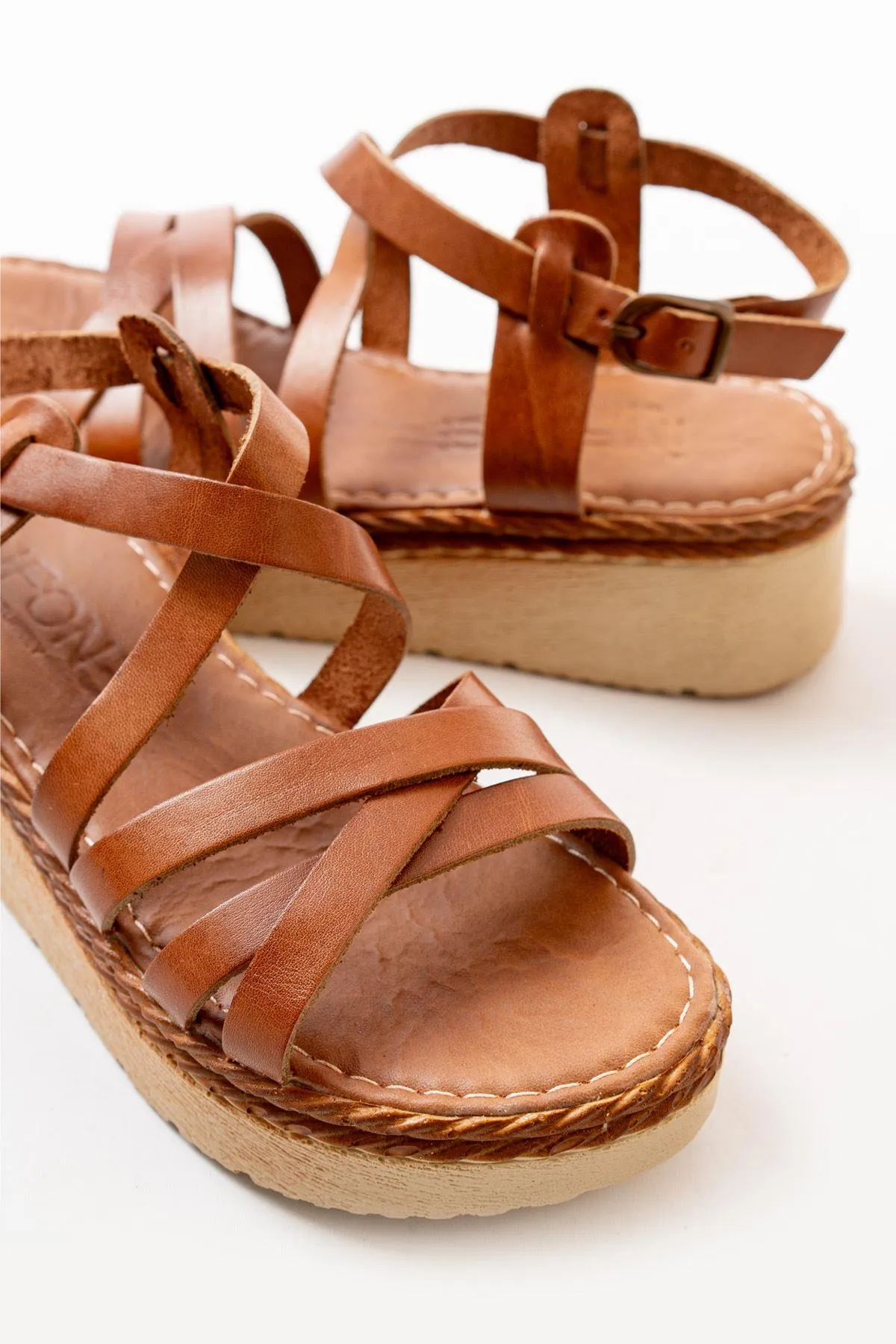 Tan Orthopedic Genuine Leather Wedge Women's Sandals