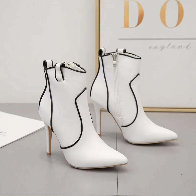 White Leather Pointed Toe Zipper Ankle Boots