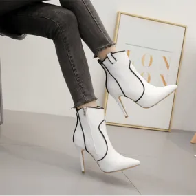 White Leather Pointed Toe Zipper Ankle Boots