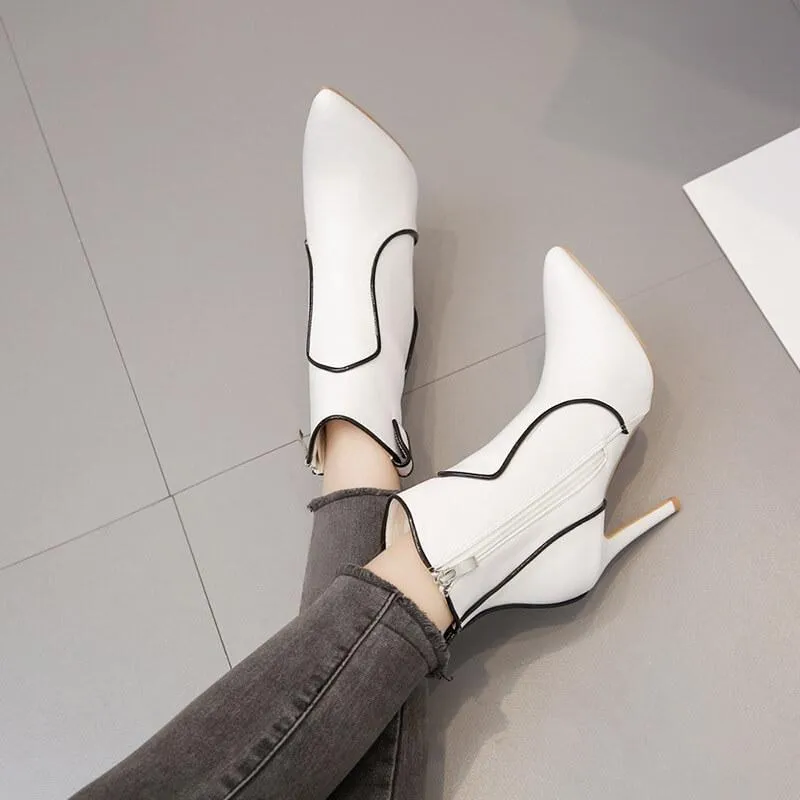 White Leather Pointed Toe Zipper Ankle Boots