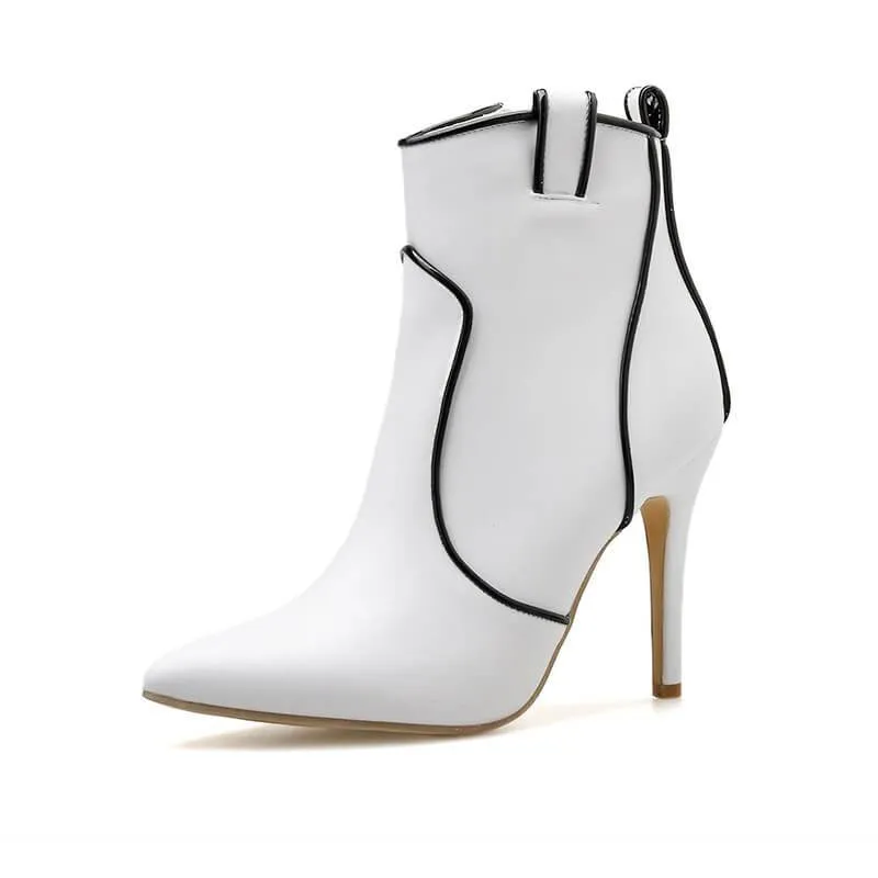 White Leather Pointed Toe Zipper Ankle Boots