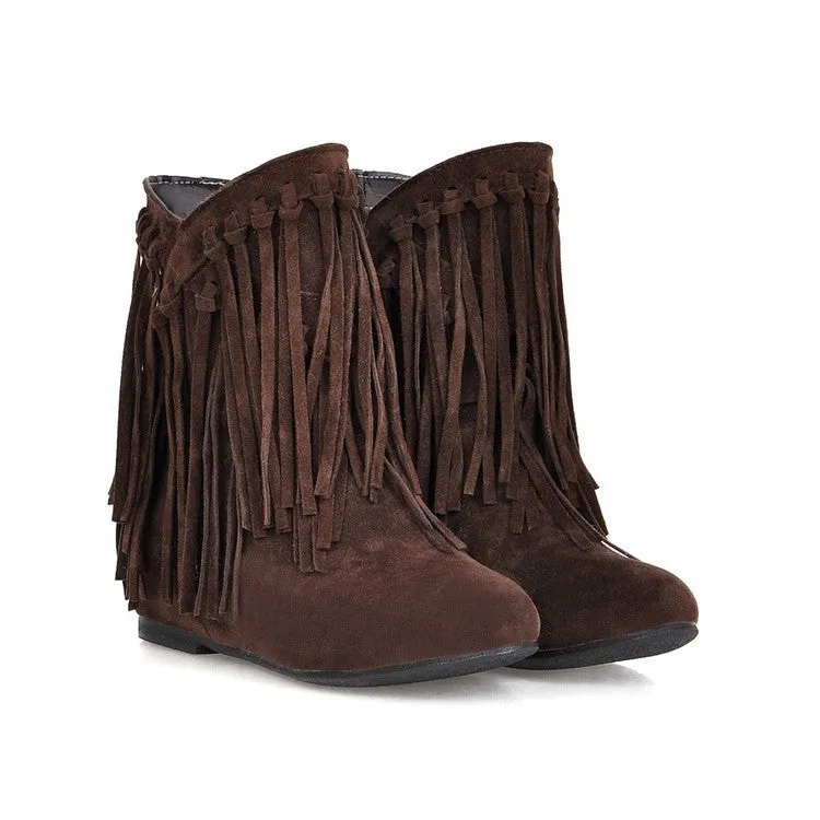 Women Pure Color Tassel Suede Flat Heel Fringe Boots