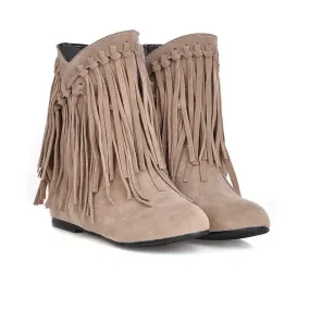 Women Pure Color Tassel Suede Flat Heel Fringe Boots