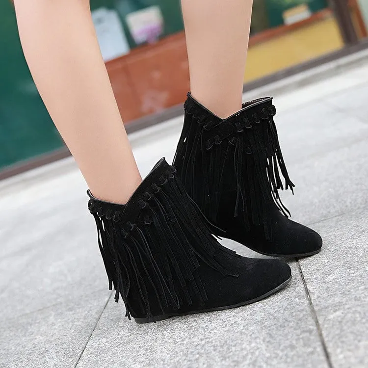 Women Pure Color Tassel Suede Flat Heel Fringe Boots